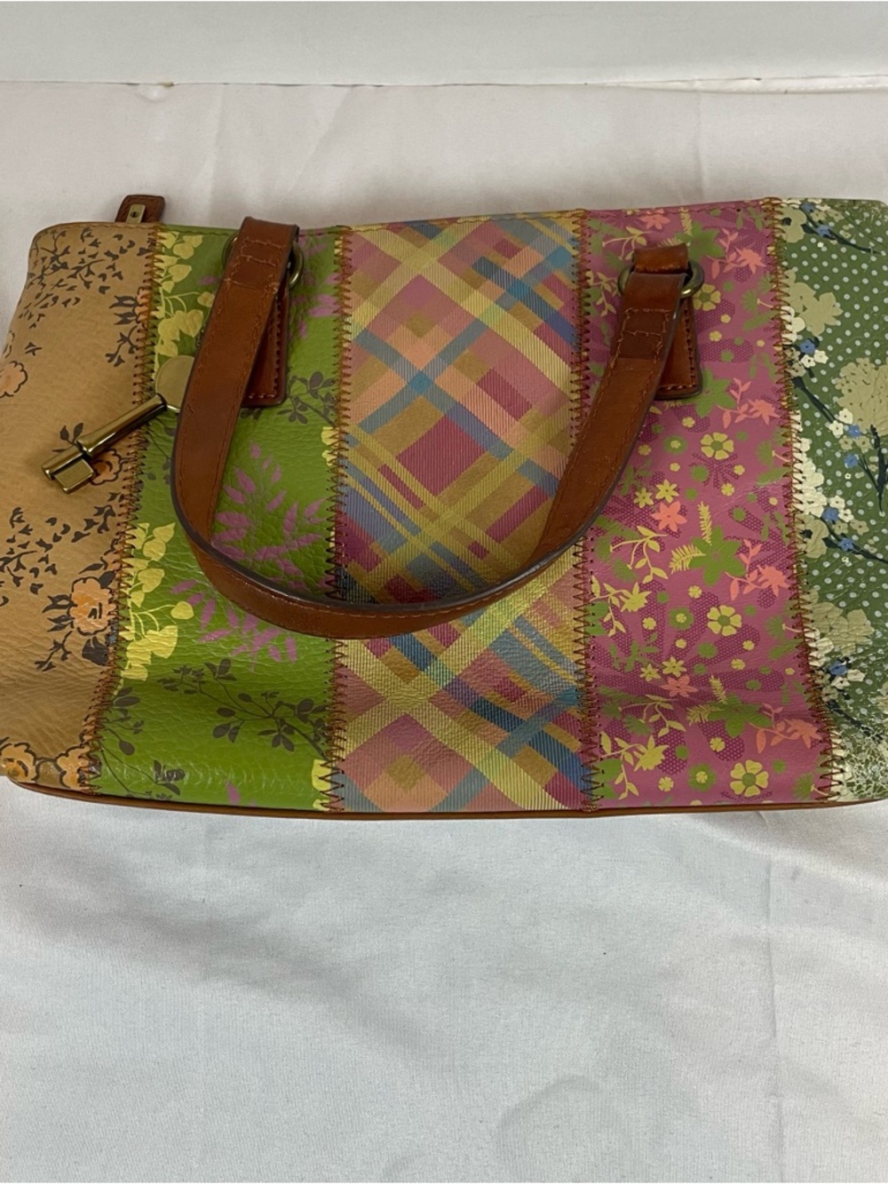 Fossil Patchwork Leather Shoulder Bag Floral Plaid Boho Tote‎ Multi Color 75082